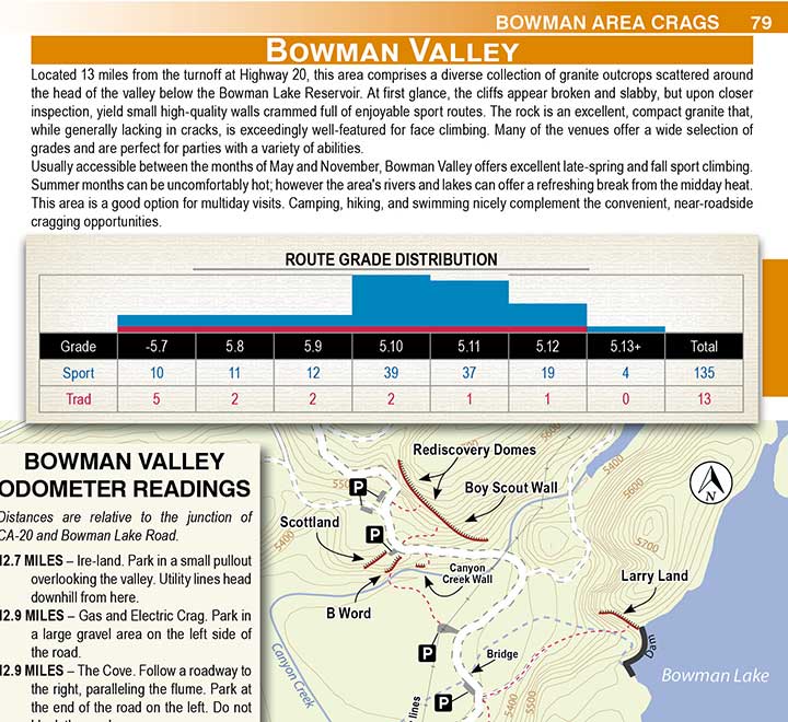 Climber's overview map to the Lake Bowman area rock climbs.