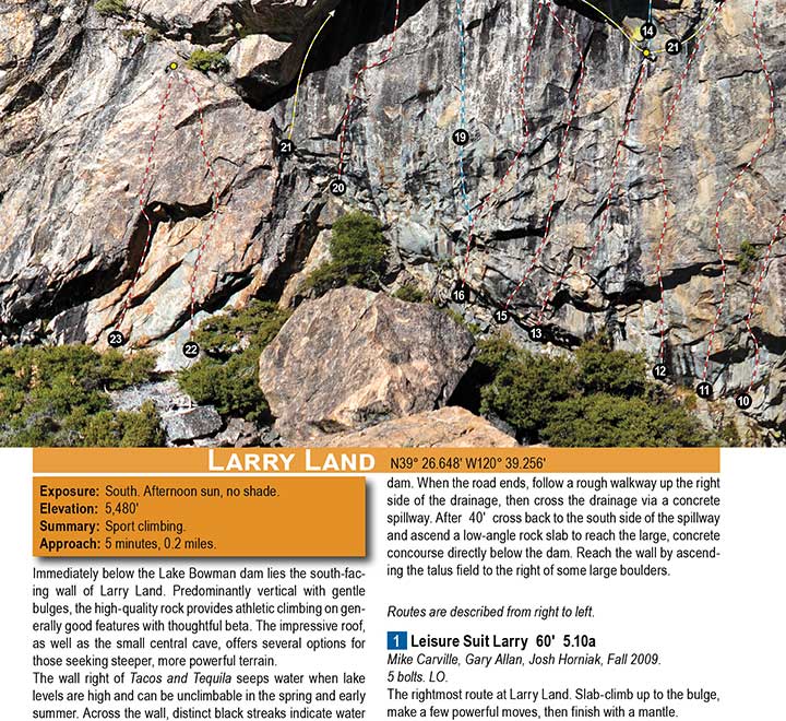 A topo of the rock climbs at Larry Land. This wall is located below Lake Bowman, beside the dam.