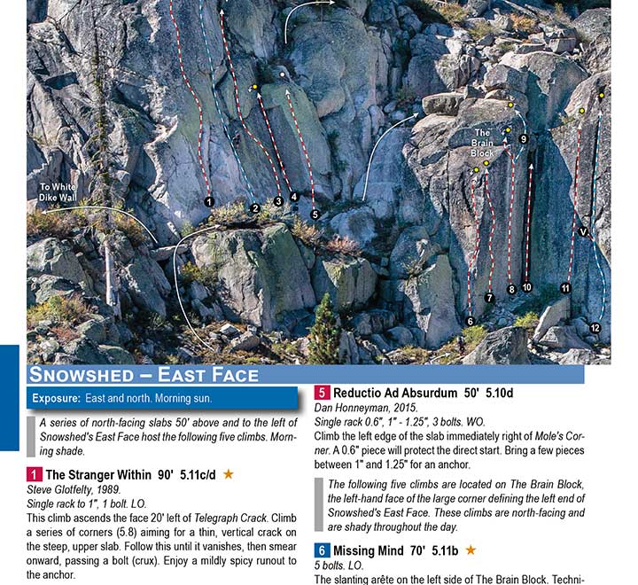 A topo of the climbing routes at Snowshed on Donner Summit. An excellent collection of sport and trad roadside rock climbs.